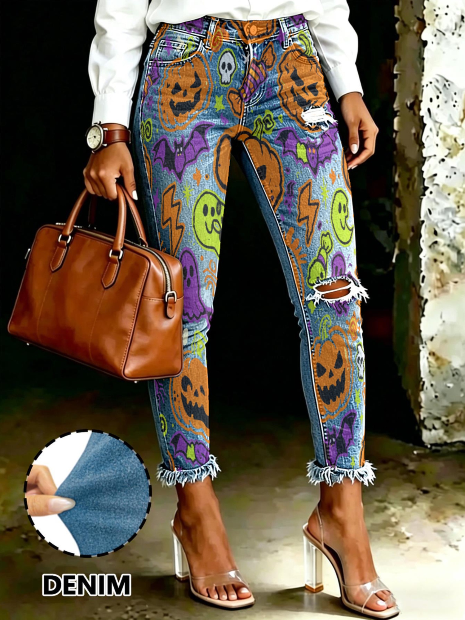 item picture blue denim fabric halloween pumpkin skull bat lightning   print printed craft skinny jeans versatile for daily wear womens long denim pants