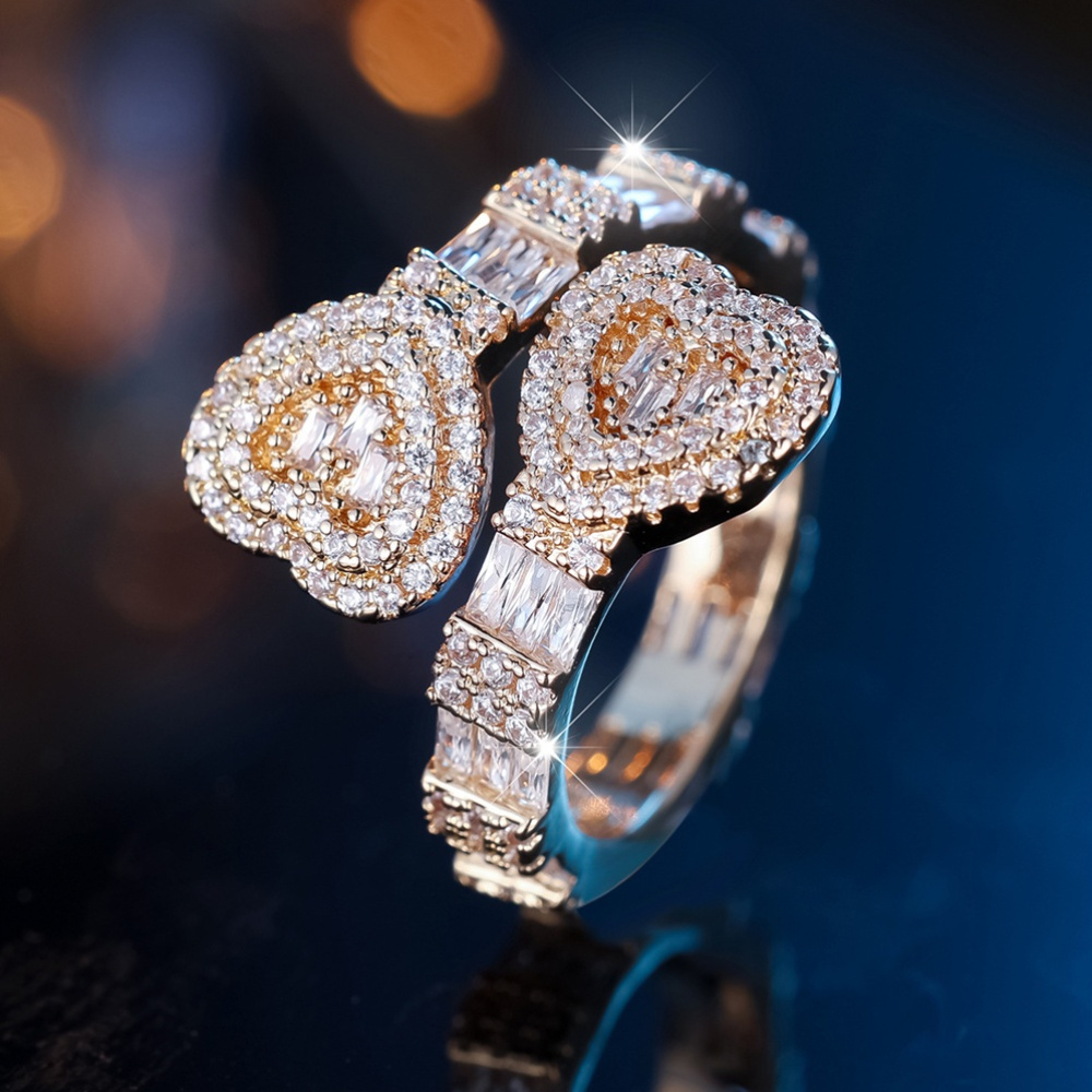Women's Grand Double Heart Sparkling Open Ring with Synthetic Zirconia