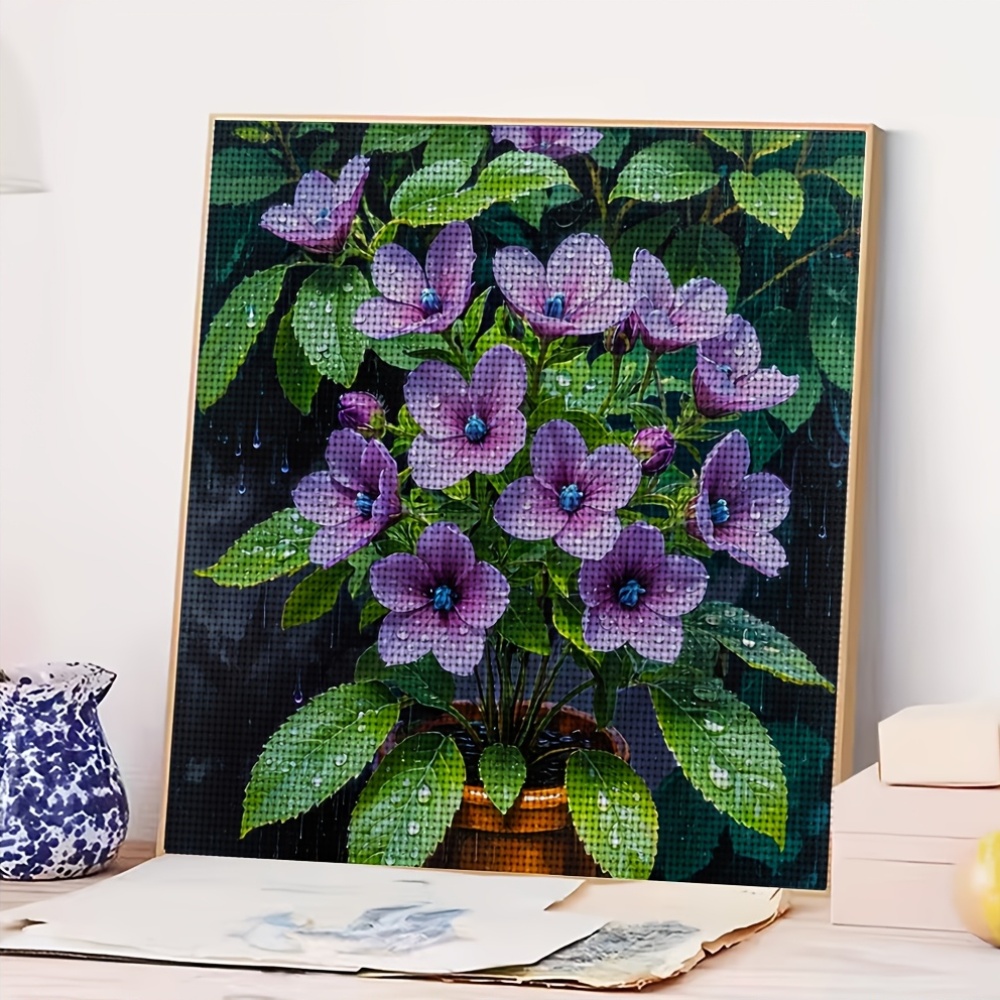 Frameless Cross Stitch Kit Featuring Purple Flowers with Raindrops in Pot
