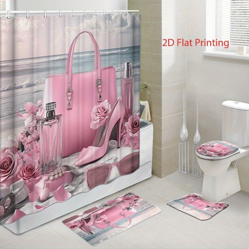 Valentine's Day Bath Shower Curtain Set with Hooks & Mats