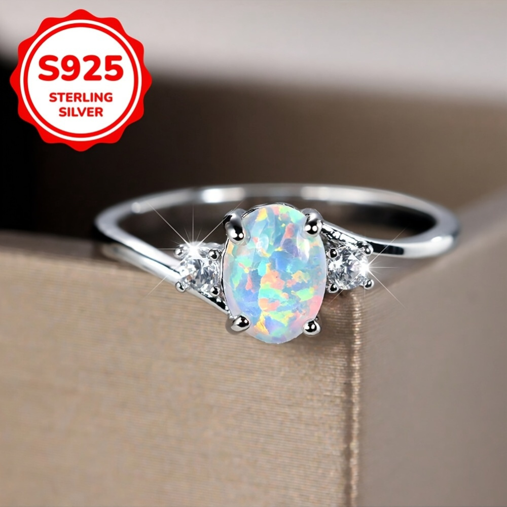 

Elegant Oval White Australian Opal Ring For Women, 1.7g 925 Sterling Silver Plated, Simple Engagement Wedding Gift, Jewelry, All Compatible