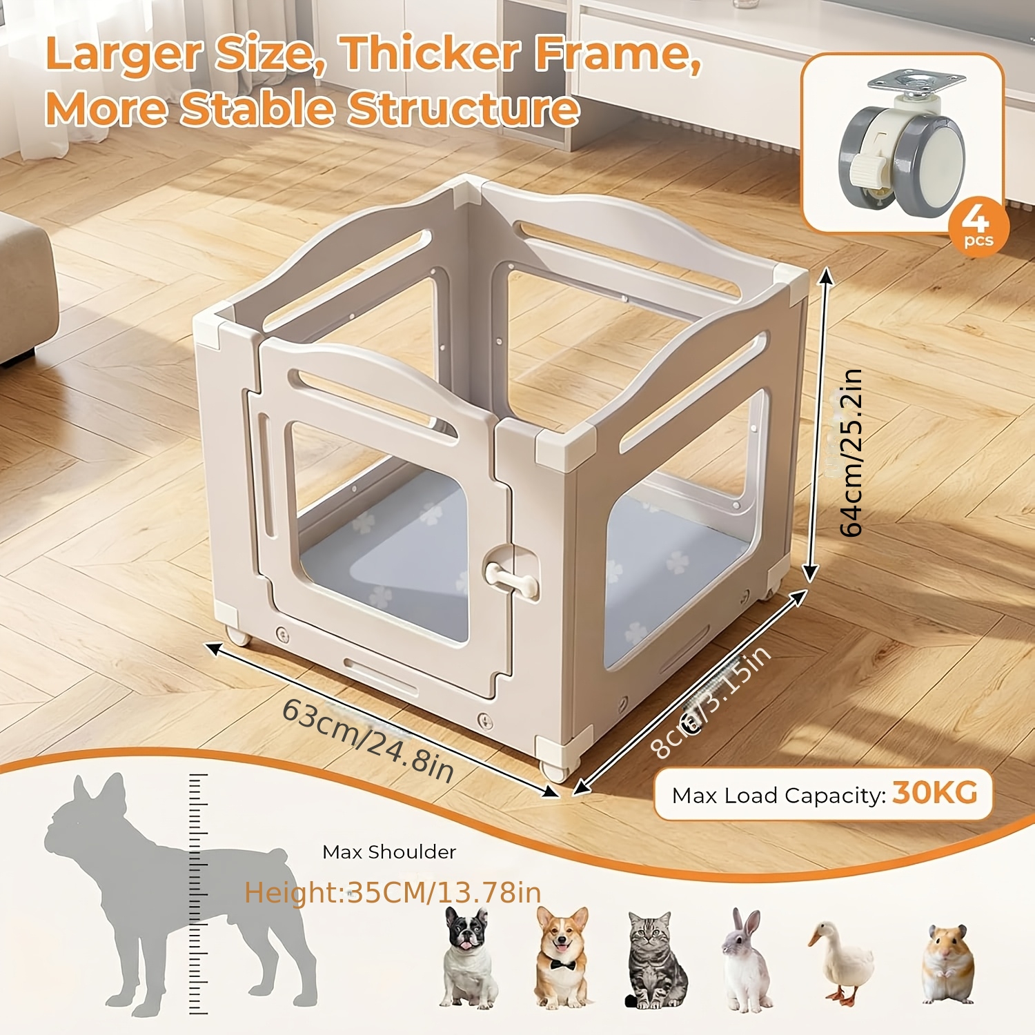 Image of 3+1pc Acrylic Puppy Playpen Set, Size 63×68cm, With Wheels And Base Plate, Suitable For Apartments, Height 64cm, Puppy With Mat