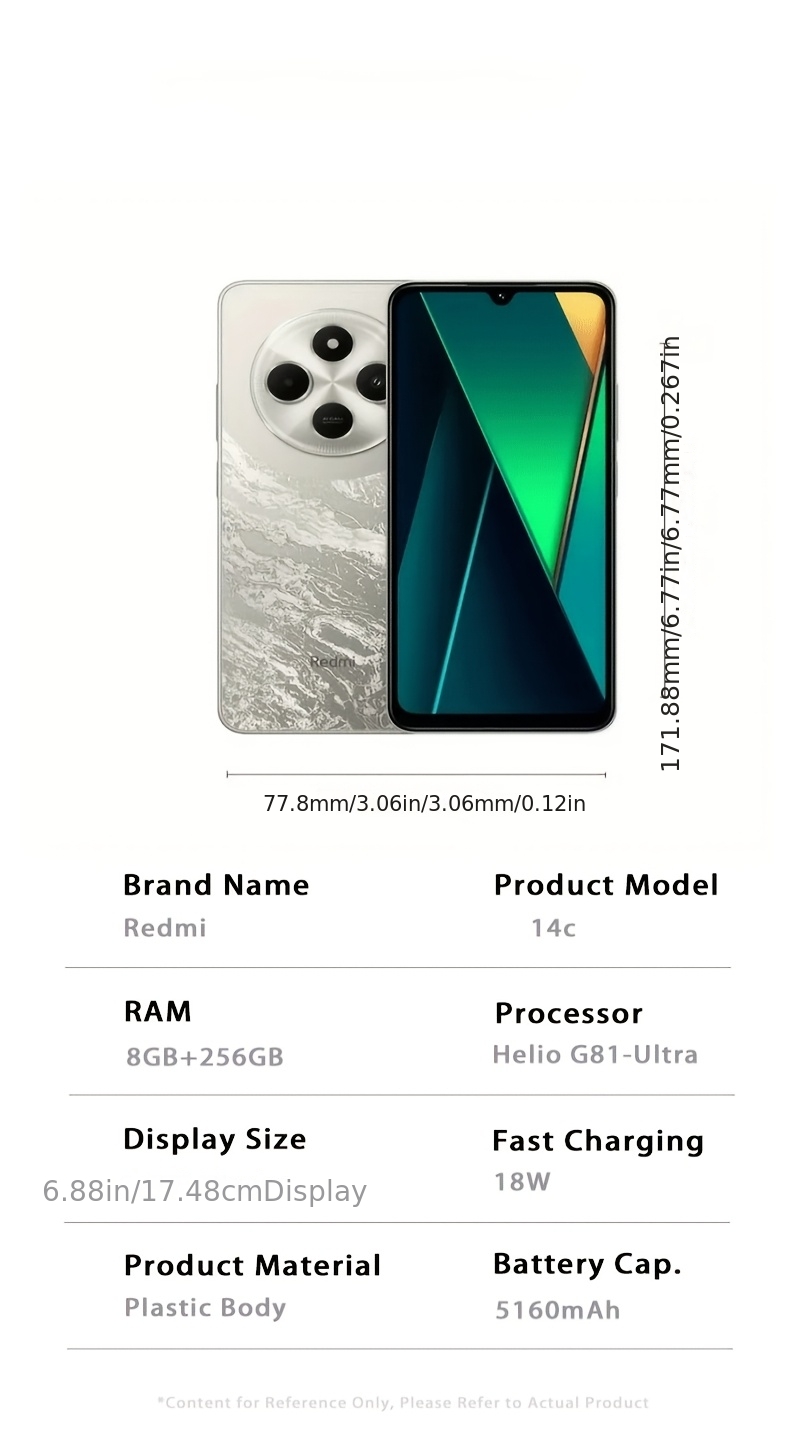 Xiaomi Redmi 14C 4G Мобилен телефон (6GB+128GB) 120Hz HD екран, 50MP AI двойна камера, 13MP HD основна камера, 6.88-инчов голям екран с защита на очите, голяма батерия 5160mAh, без зарядно устройство, азиатска версия