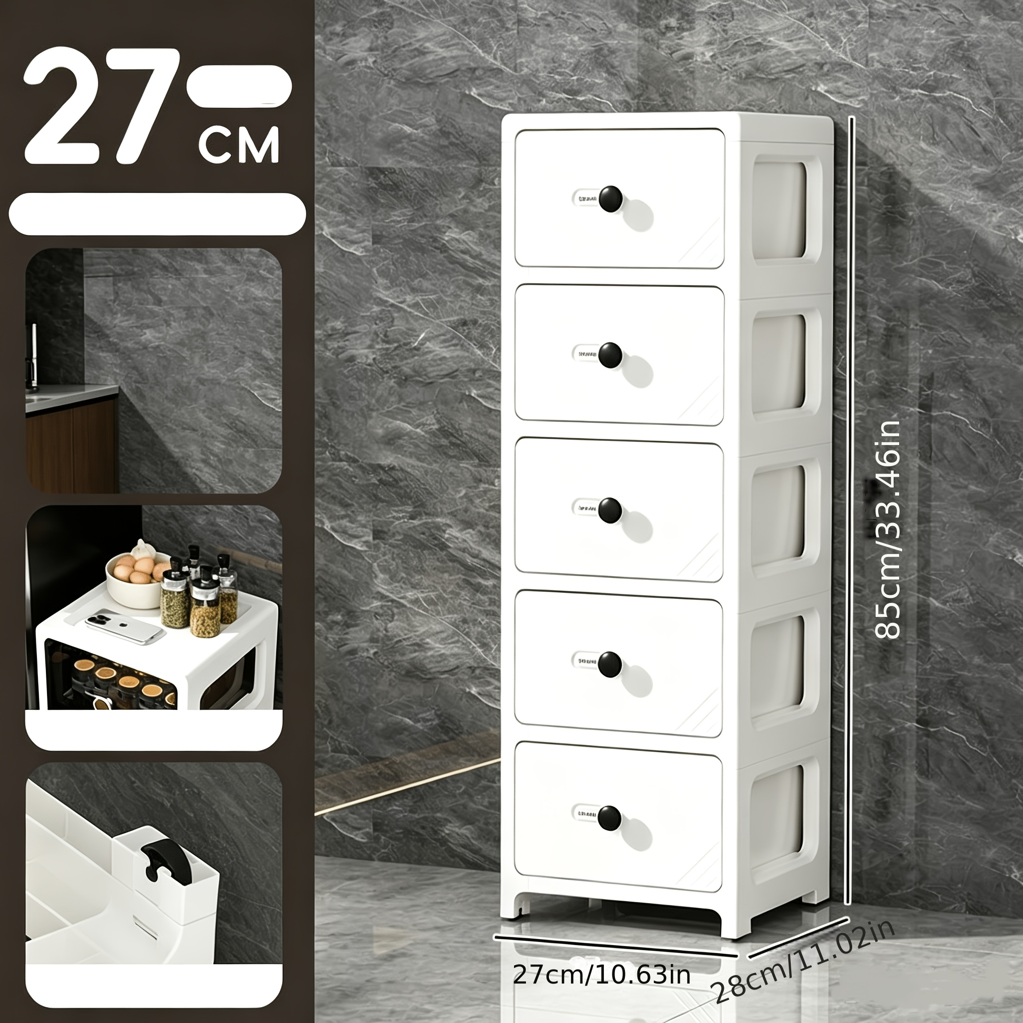 TEMU Armoire de rangement ultra-mince à 5 niveaux de 27 cm de large, étagère multifonctionnelle pour étroits pour cuisine, salle de bain, chambre