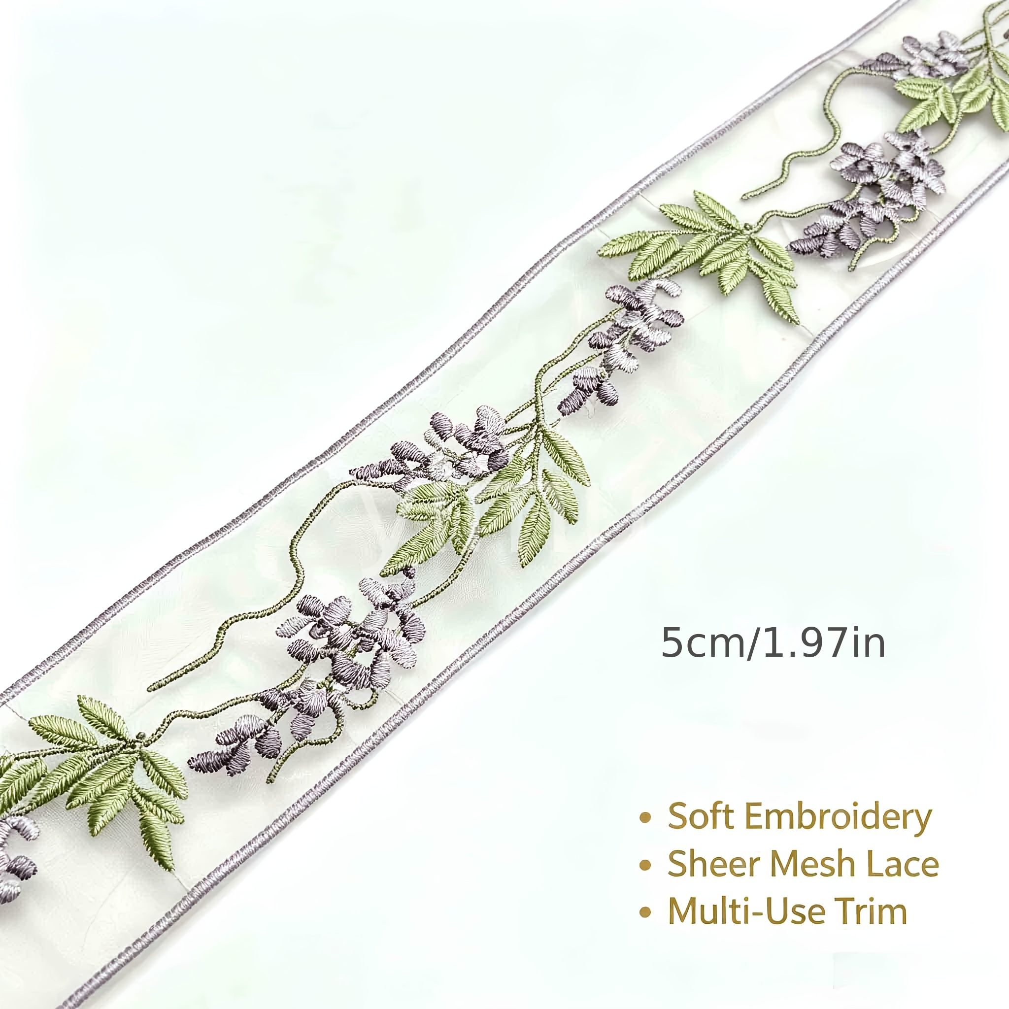 TEMU Elegant Wisteria Vine Mesh Lace Tape, Pastel Purple Floral Embroidery Sheer Lace Edging For Chinese Style Garment, Blouse Collar, Gift Box