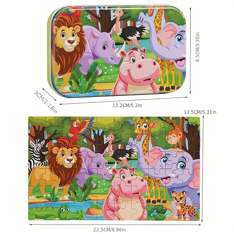 TEMU 60pcs Iron Box Puzzle, /easy To Store/includes Lion, Elephant, Hippopotamus, Giraffe, Zebra, Crocodile, Kangaroo, Panda, Tiger, Bear, Monkey,
