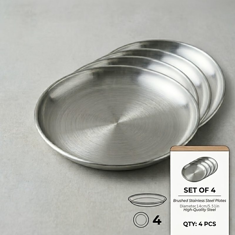 TEMU 4pcs Set Of Tableware And Cutlery For > Tableware > Thickened Plate, Outdoor Plate, Sushi, Bbq, Grilled Meat, Round Stainless Steel Plate With