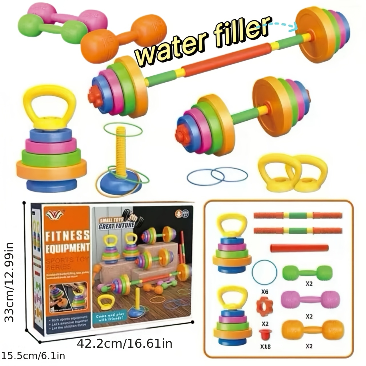 TEMU Weightlifting Set Dumbbell Barbell Kettlebell Ring Adjustable Fitness Equipment Toy, Suitable For Children Outdoor Game Training Weightlifting