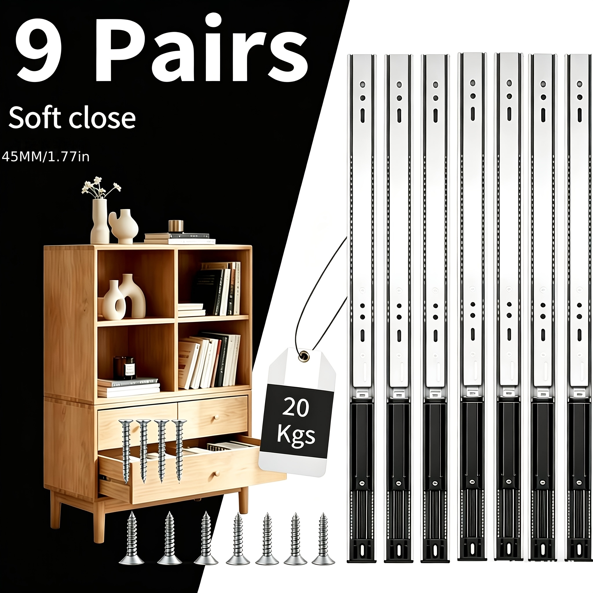 Image of 9 Pairs 45mm Roller Drawer Slides With Locking Clips, Heavy Duty Cabinet Drawer Runners, Smooth Sliding Rails With Mounting Screws