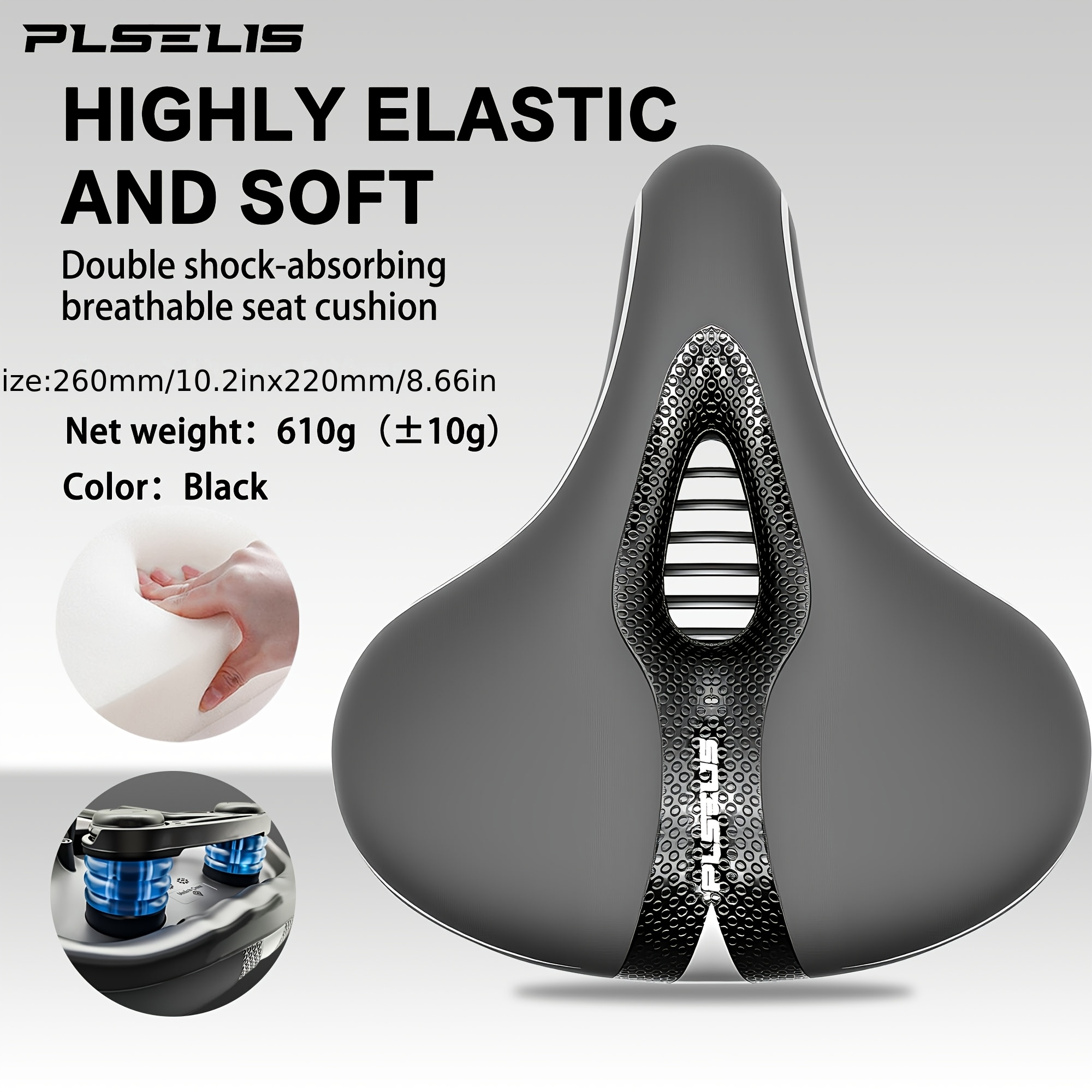 TEMU PLSELIS Selle de Vélo à Double Amortissement, Selle en PU Creux et Respirant, Rembourrage en Éponge Haute Élasticité, Selle de Cyclisme