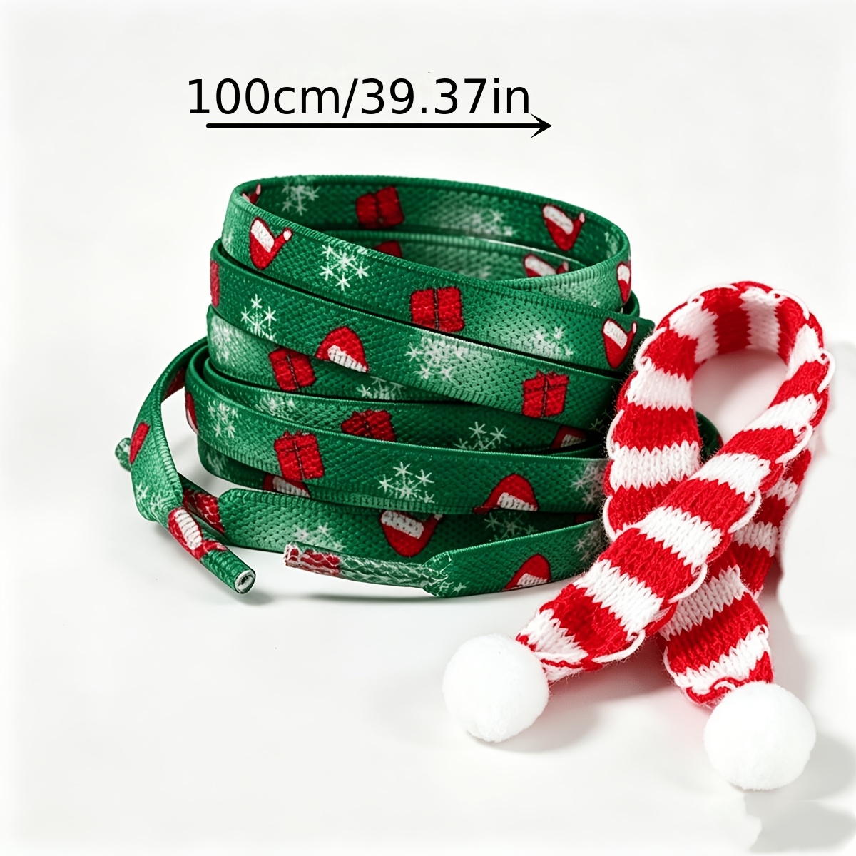 TEMU 1 Pair Of 100cm Christmas Green Shoelaces, 2 Cute Striped Tassel Ornaments, Suitable For Shoes And Christmas Party Shoe Decorations