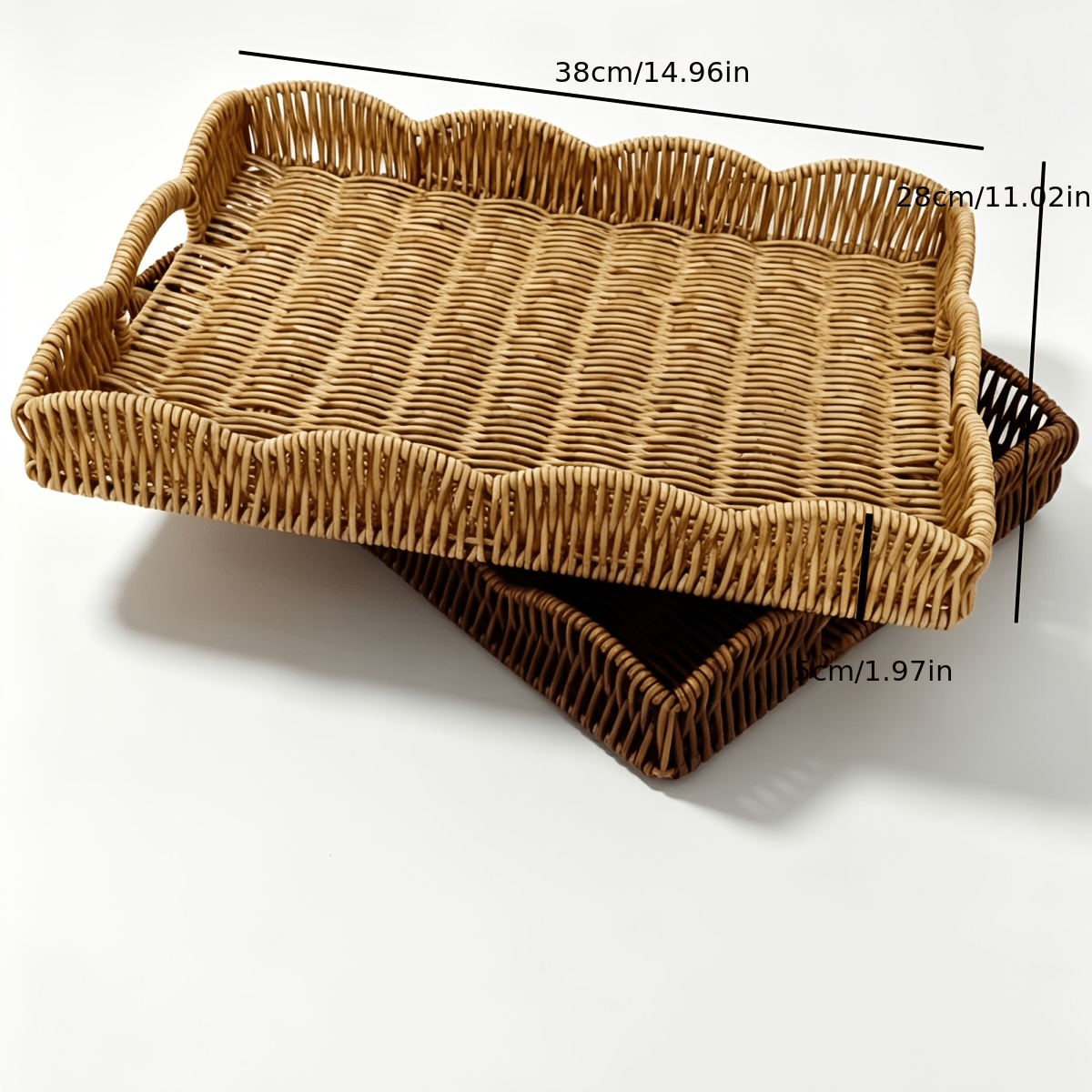 TEMU 2pcs Handmade Wavy Edge Rattan Woven Tray With Dual Handles, Woven Storage Tray For Home Soft Furnishings And Commercial Display, Home Coffee