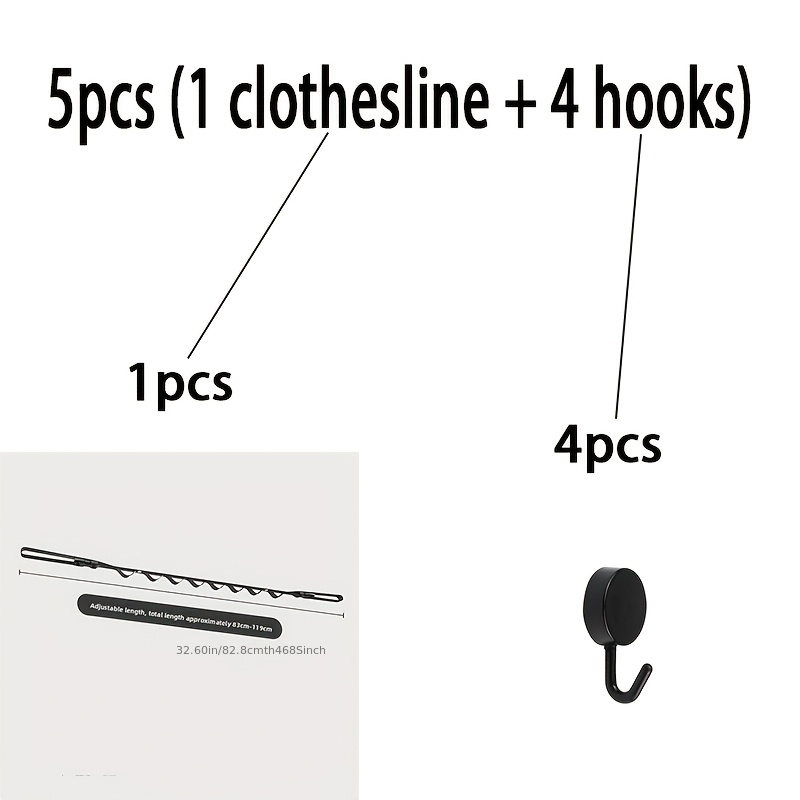 TEMU 5pcs (1pc Clothesline And 4pcs Hooks) Car Mounted Clothes Drying Rack Adjustable Car Clothes Hanger Rod Portable Car Clothesline Holder For