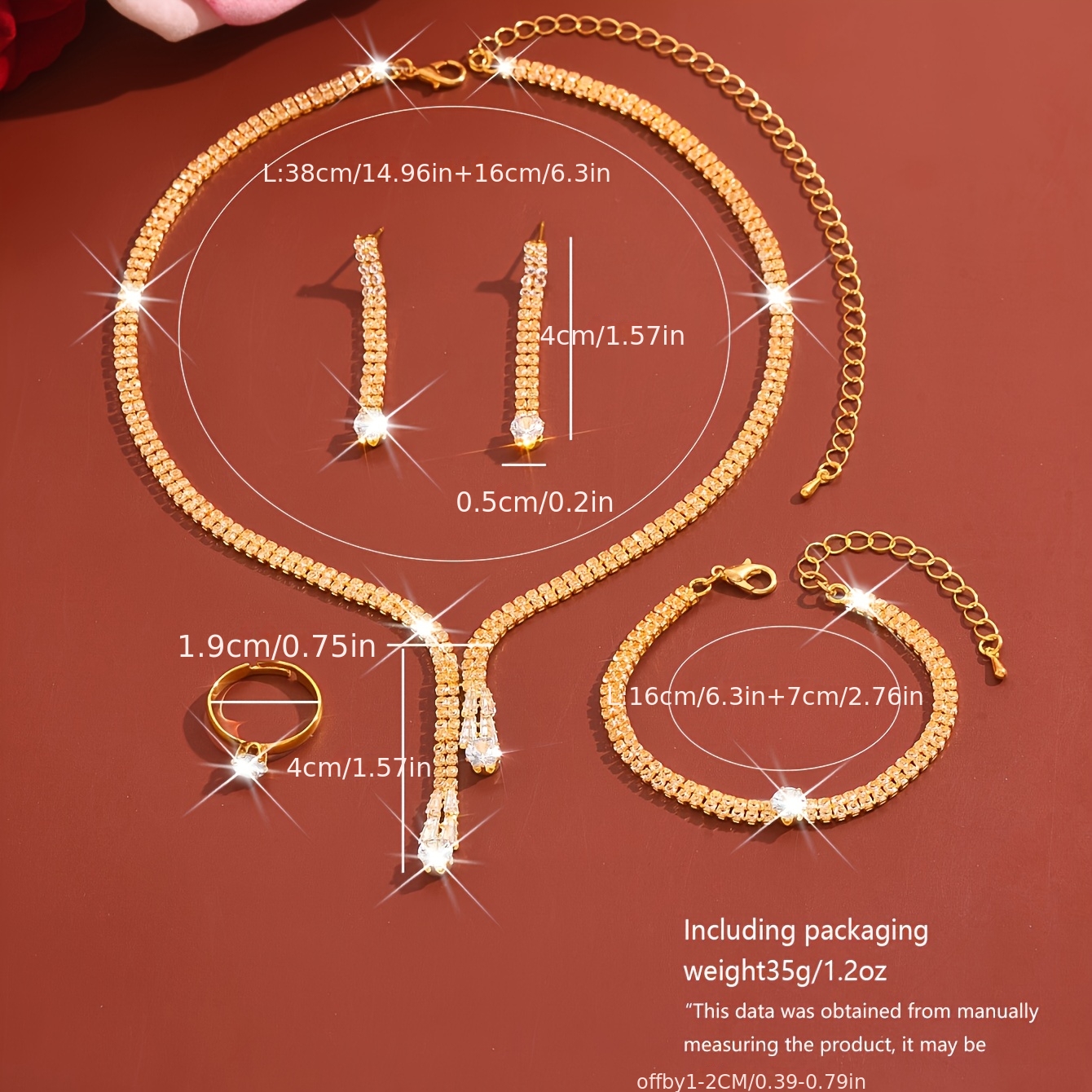 1 Conjunto de Joias de Noiva, Colar de Strass, Brincos, Anel, Pulseira 5