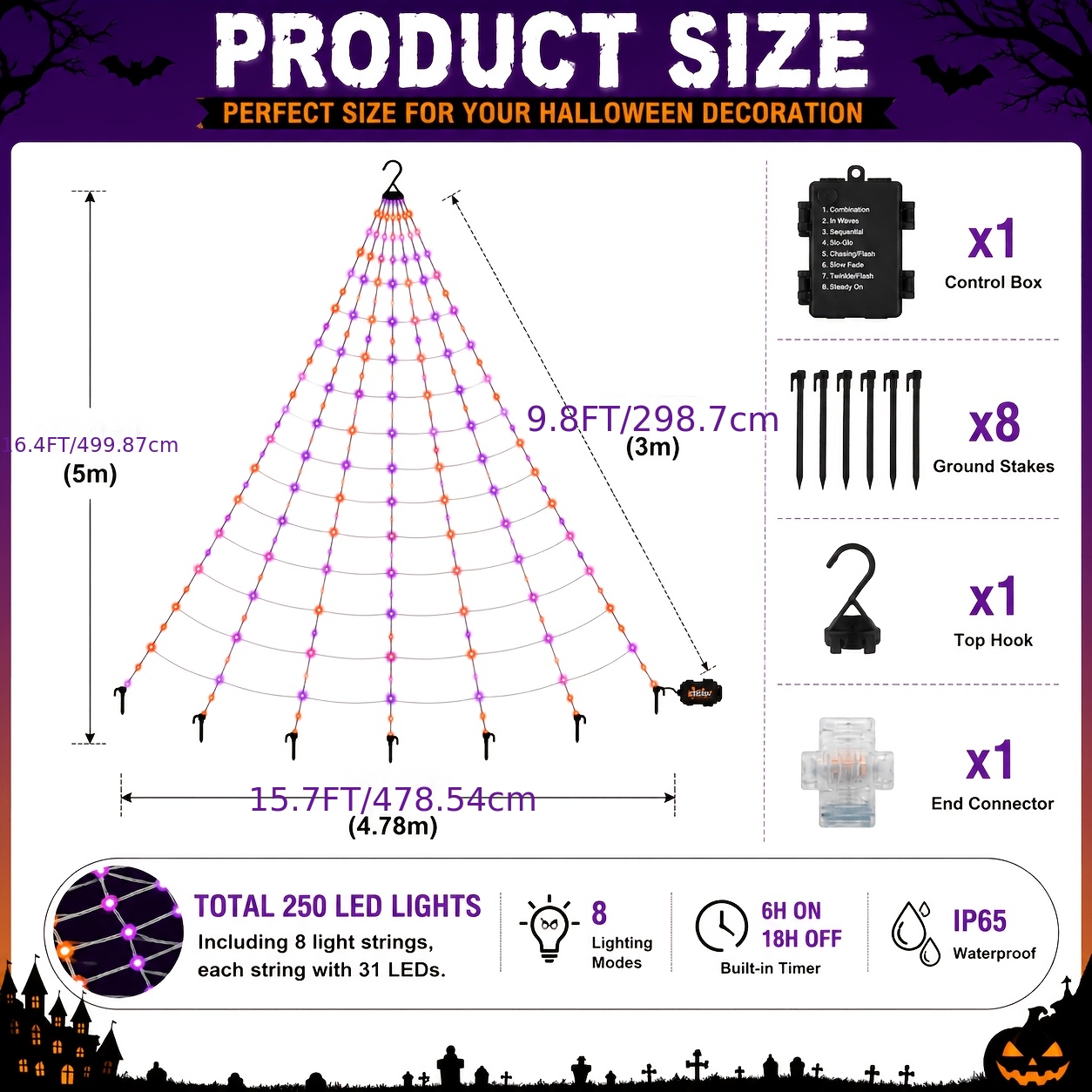 TEMU 16.4ft Giant Halloween Web Lights Outdoor, 250 And Orange Halloween Tree Lights With 8 & Timer, Large Light Up Net Lights With Top Hook And