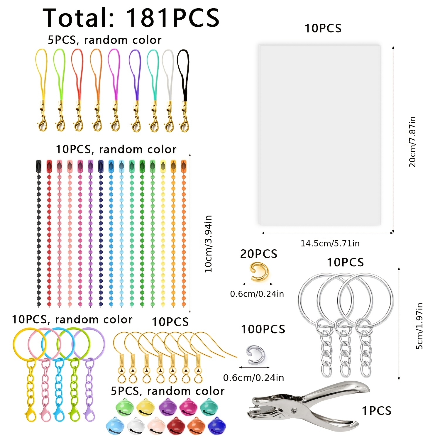 TEMU 181pcs Creative Handcrafted Heat Shrinkable Transparent Film Set, Including Perforated Pliers, Ear Hooks, Small Rings, Random Colors, Keychains,