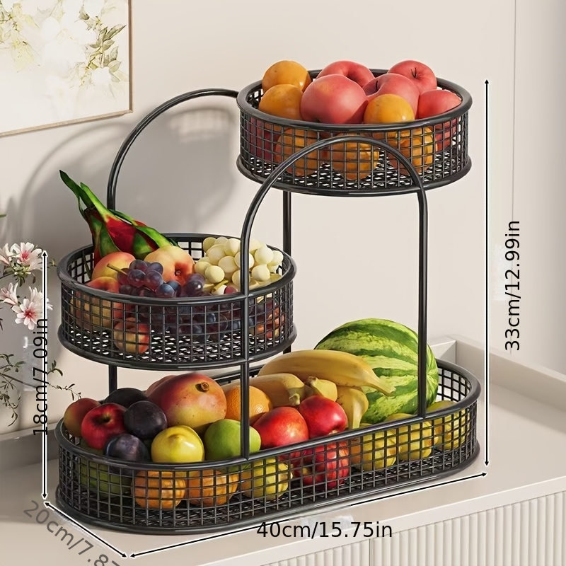 TEMU Extra-large Three-tier Heavy-duty Metal Fruit Basket-fruit Stand-fruit Tray, With Grid Design, Space, Multi-level Storage, Strong Load-bearing