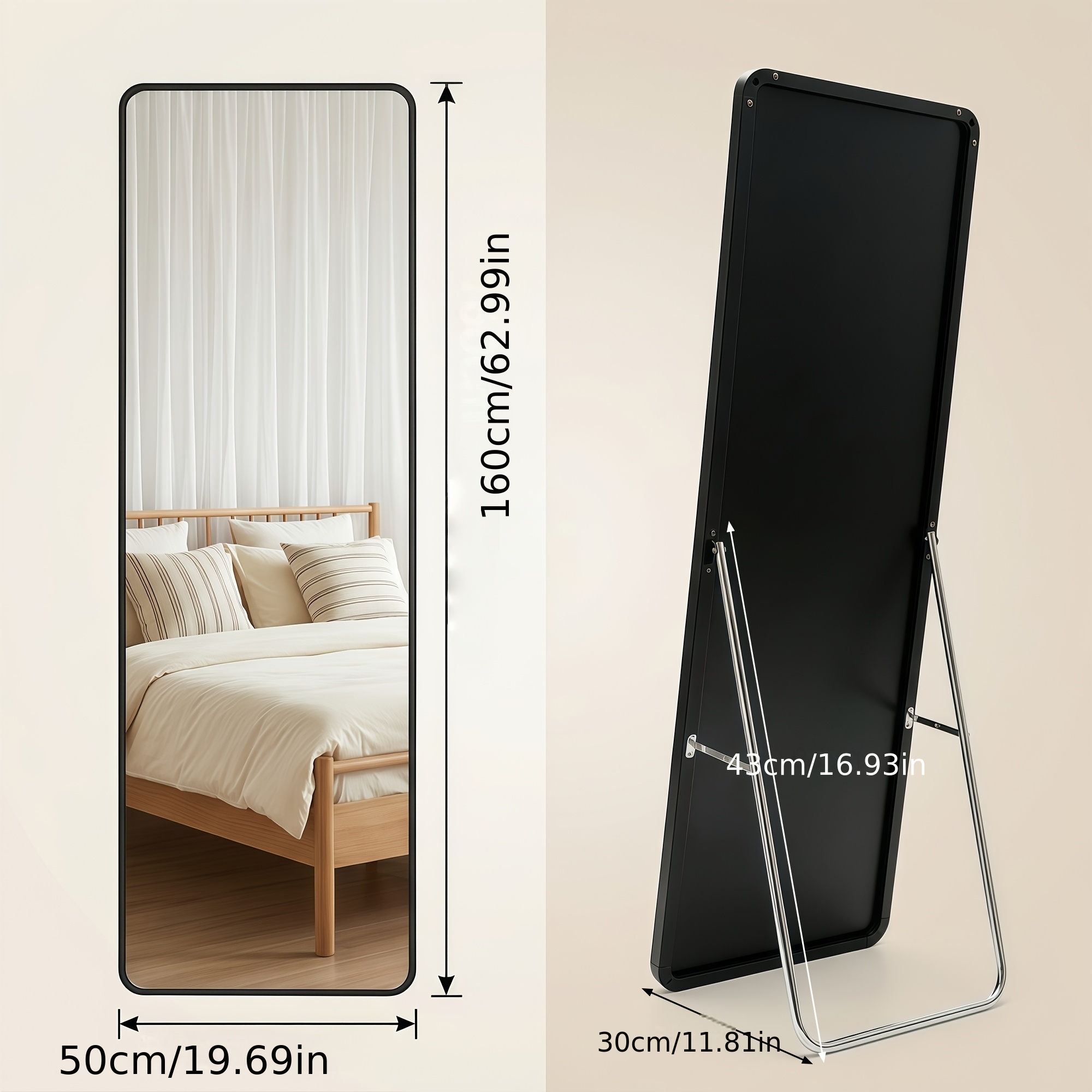 TEMU Full-size Wall-mounted Full-length Mirror, 145cm-170cm, 1.7cm Wide And 0.8cm Thick, With A Unique And Black . Suitable For Living Rooms,