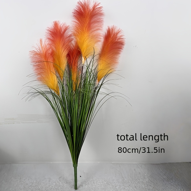 Image of 1pc Artificial Flower, Orange Large Reed Onion Grass, 5 Heads 80cm, Autumnal Colors For Home And Outdoor Decor, Christmas Thanksgiving