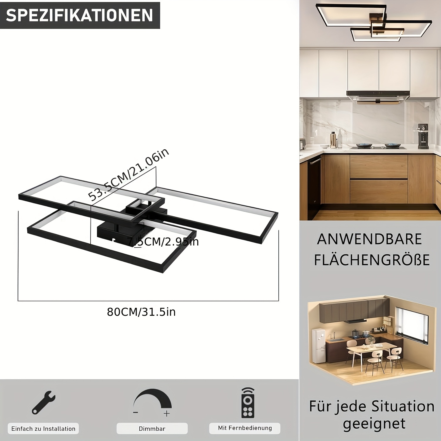 TEMU Led Ceiling Light, Living Room Pendant Light, Black - 80cm, Remote Control Adjustable, Bedroom Light, Rectangular , Simple And Elegant.