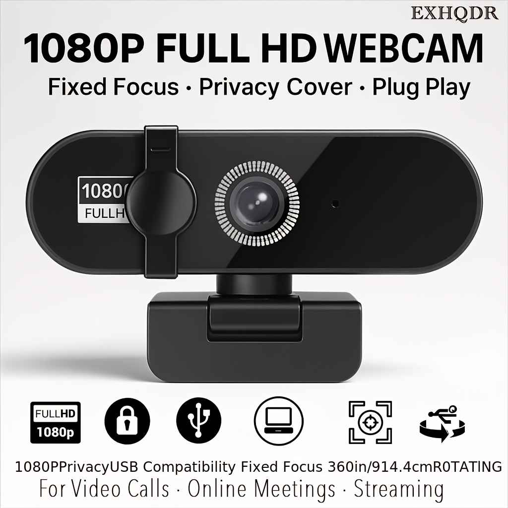 Exhqdr 1080p Full Hd Usb Webcam With Privacy Cover, Plug And Camera For Laptop Desktop, Ideal For Video Calls, Online Classes And Meetings