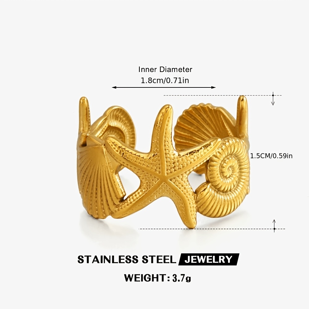 Women's Open-Adjustable Starfish & Seashell Ring