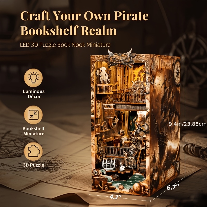 3d Diy Book Nook Wooden Pirate Ship Puzzle Model With Led Lights - Ship Miniature Craft Kit For, Bookshelf Decor Gift