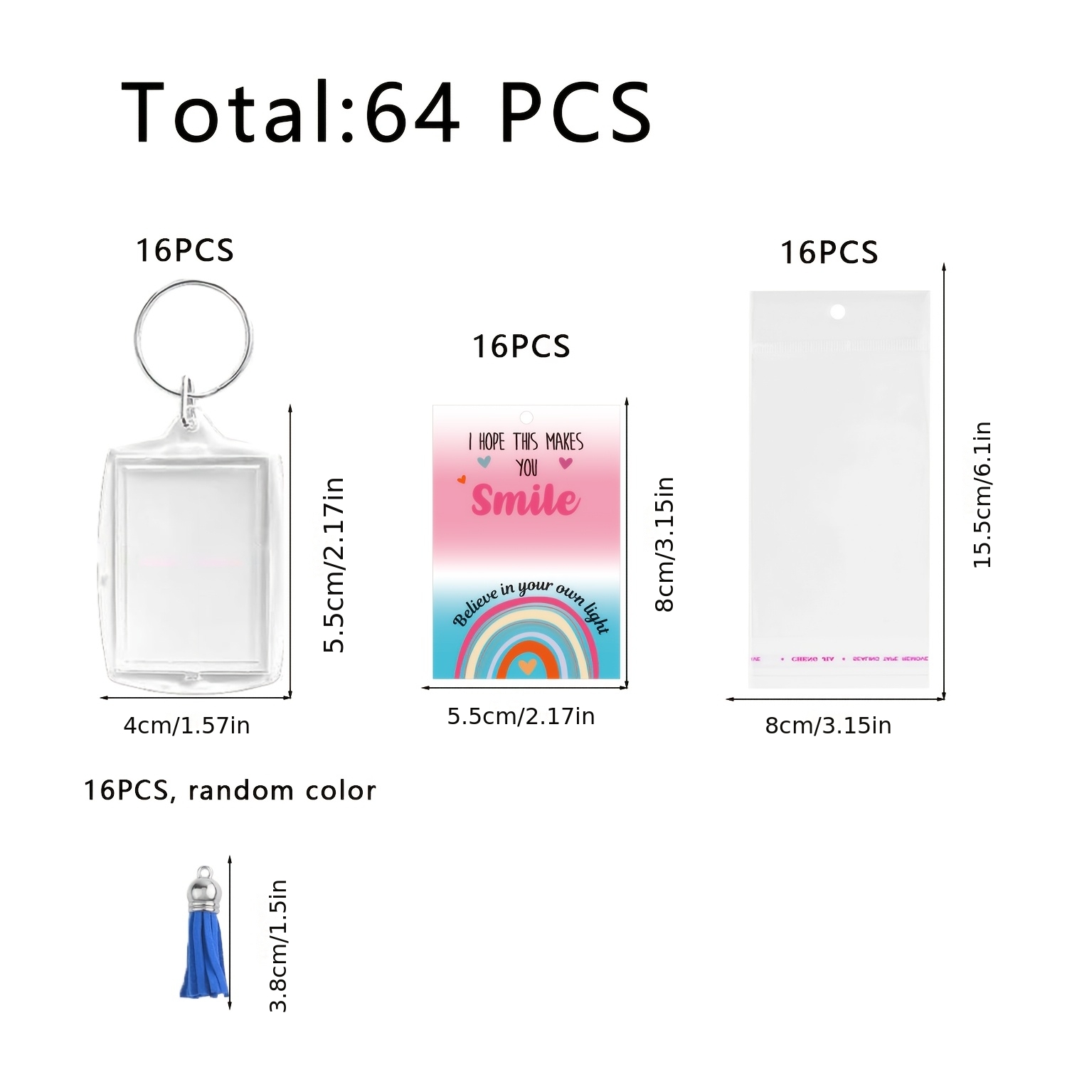 TEMU 2d Flat, 64pcs Key Ring Set With Rectangular Frame, Card Paper, Bag, Random Color Tassels Set - Diy Key Ring, Key Chain Accessories - For
