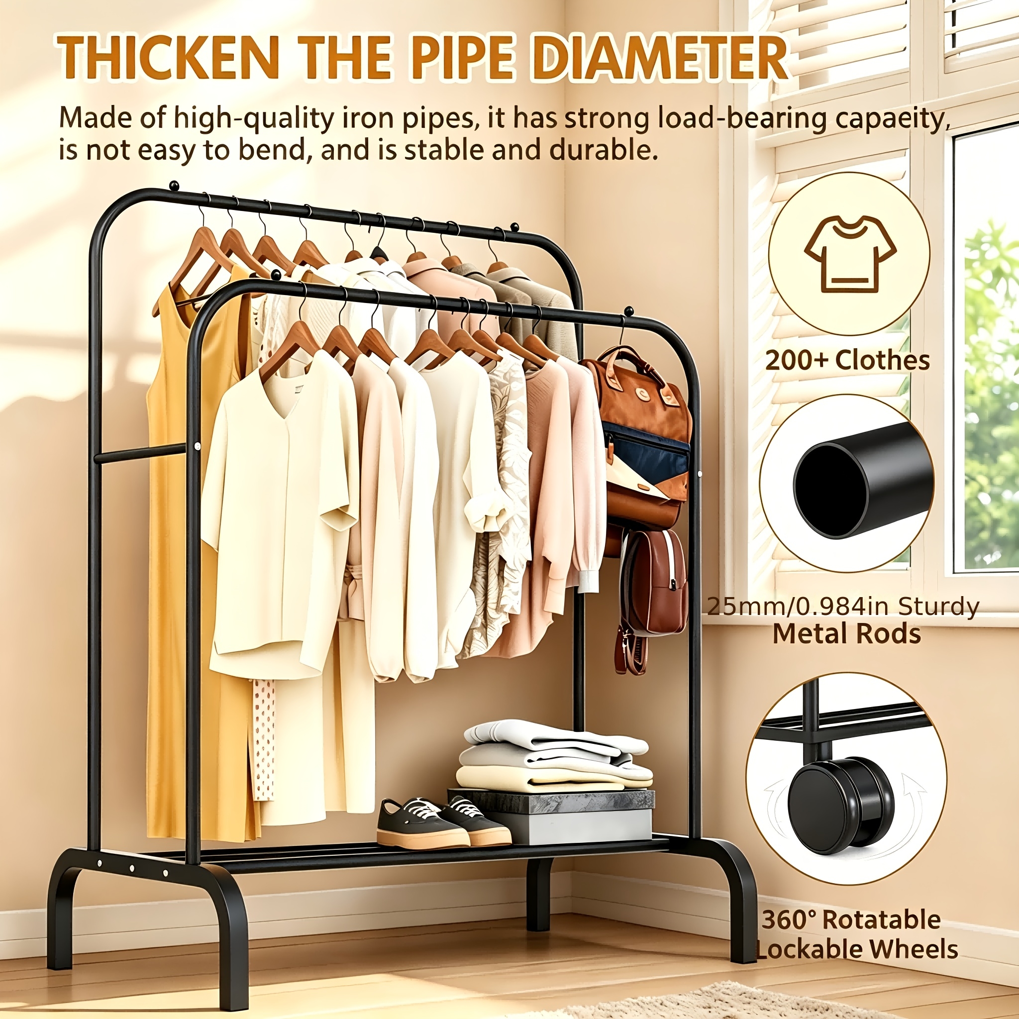 Double Rod Clothing Rack With Bottom Storage Shelf, Heavy-duty Garment Organizer With Extra Side Hooks, Space-saving Clothes Storage Stand, Stylish Bedroom Garment And Hat Rack