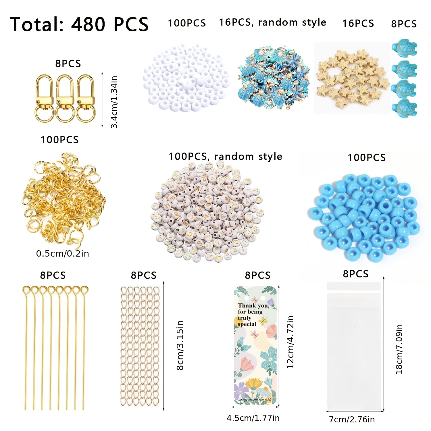 TEMU Ensemble de 480 pièces de perles de chaîne à boucle de porte avec aiguille longue, comprenant de petites bagues, des sacs à cartes créatifs, des