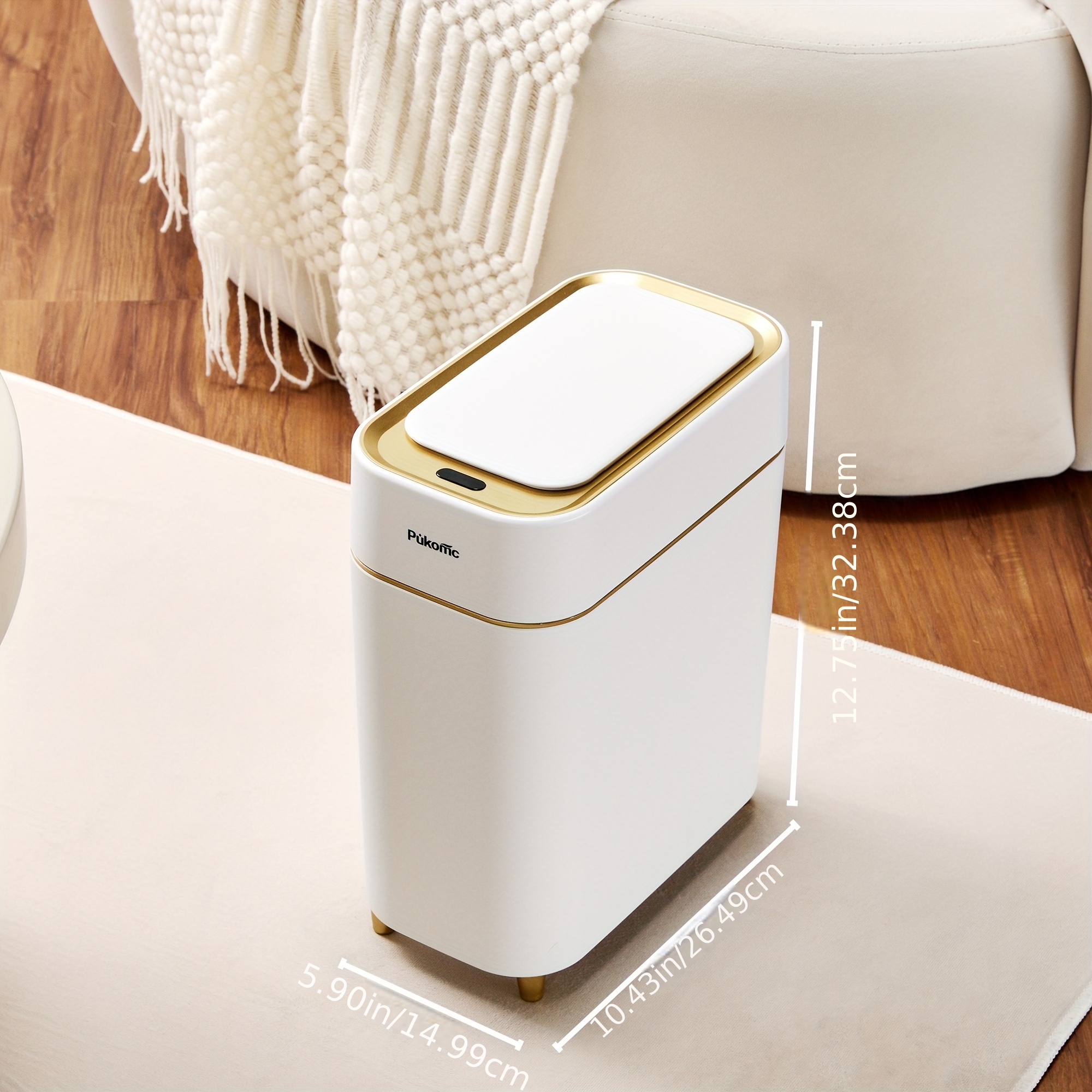 TEMU Sleek Golden & White Narrow Trash Can 13l, Slim Space-saving Fit For Tight Spaces, Motion Sensor Kitchen & Bathroom Bin With Lid, & Leakproof