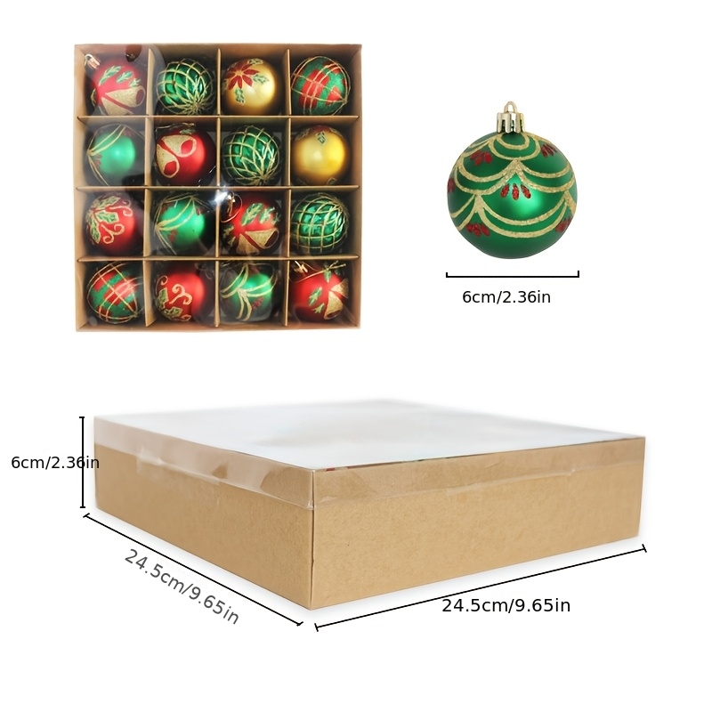 TEMU Premium Gift Box Set Of 16 Christmas Balls, Featuring 6cm Painted Ornaments For Tree Decoration, Made From Plastic