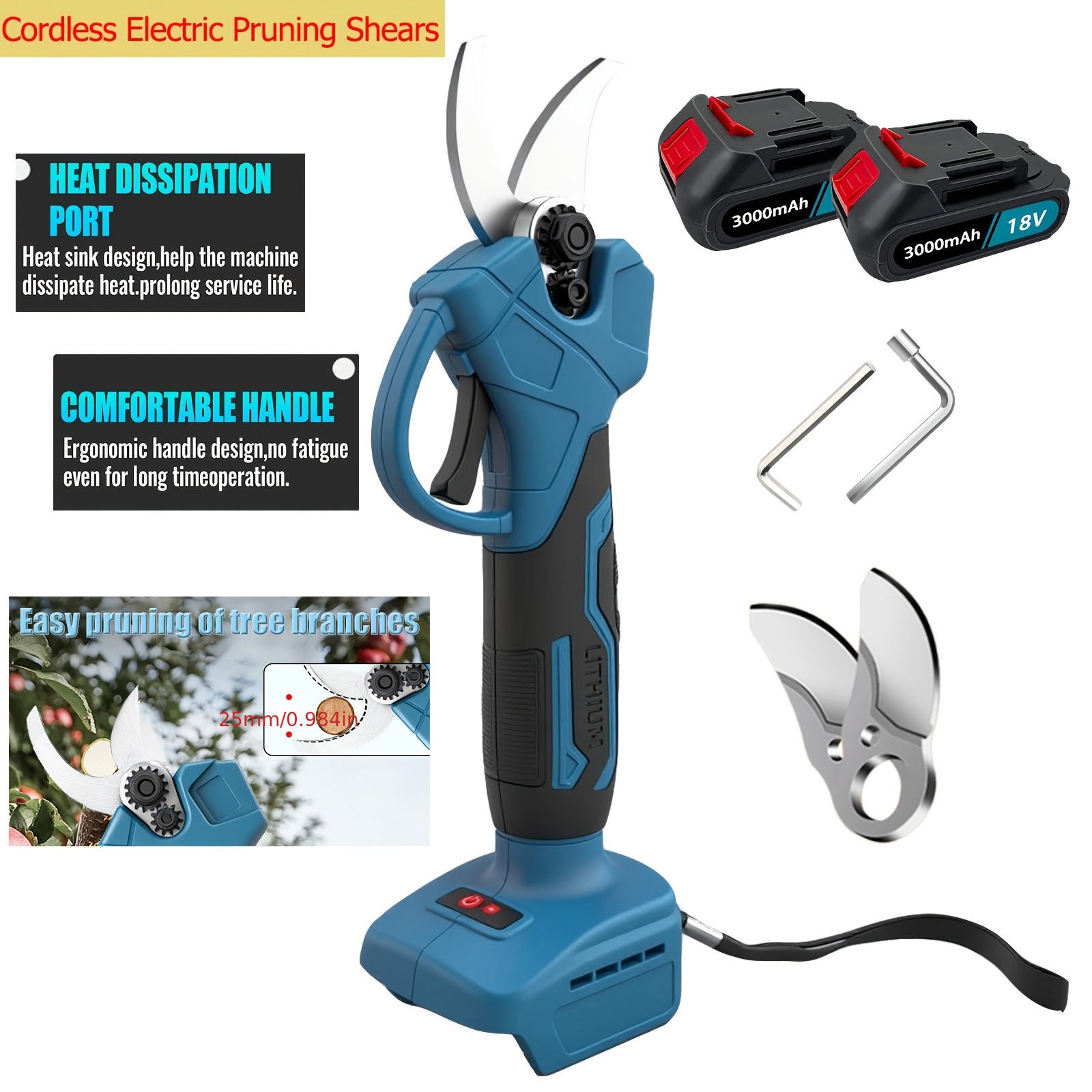 Cordless Electric Pruning Shears 450w Portable Electric Garden With 2pcs Rechargeable 3000mah Lithium Battery For Pruning Trees And Shrubs And Fruit Trees