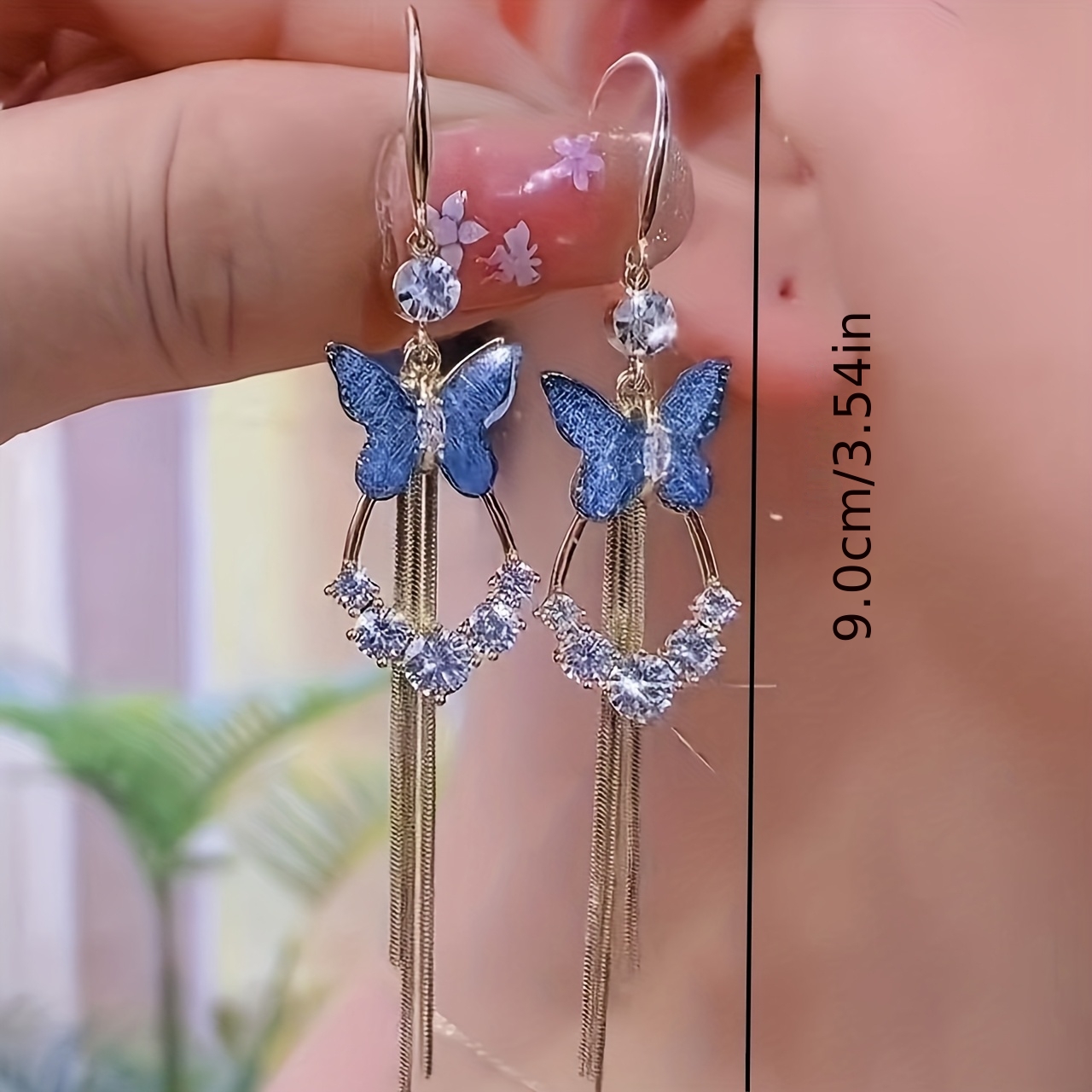 Women's Luxurious Blue Butterfly Tassel Earrings, Exquisite