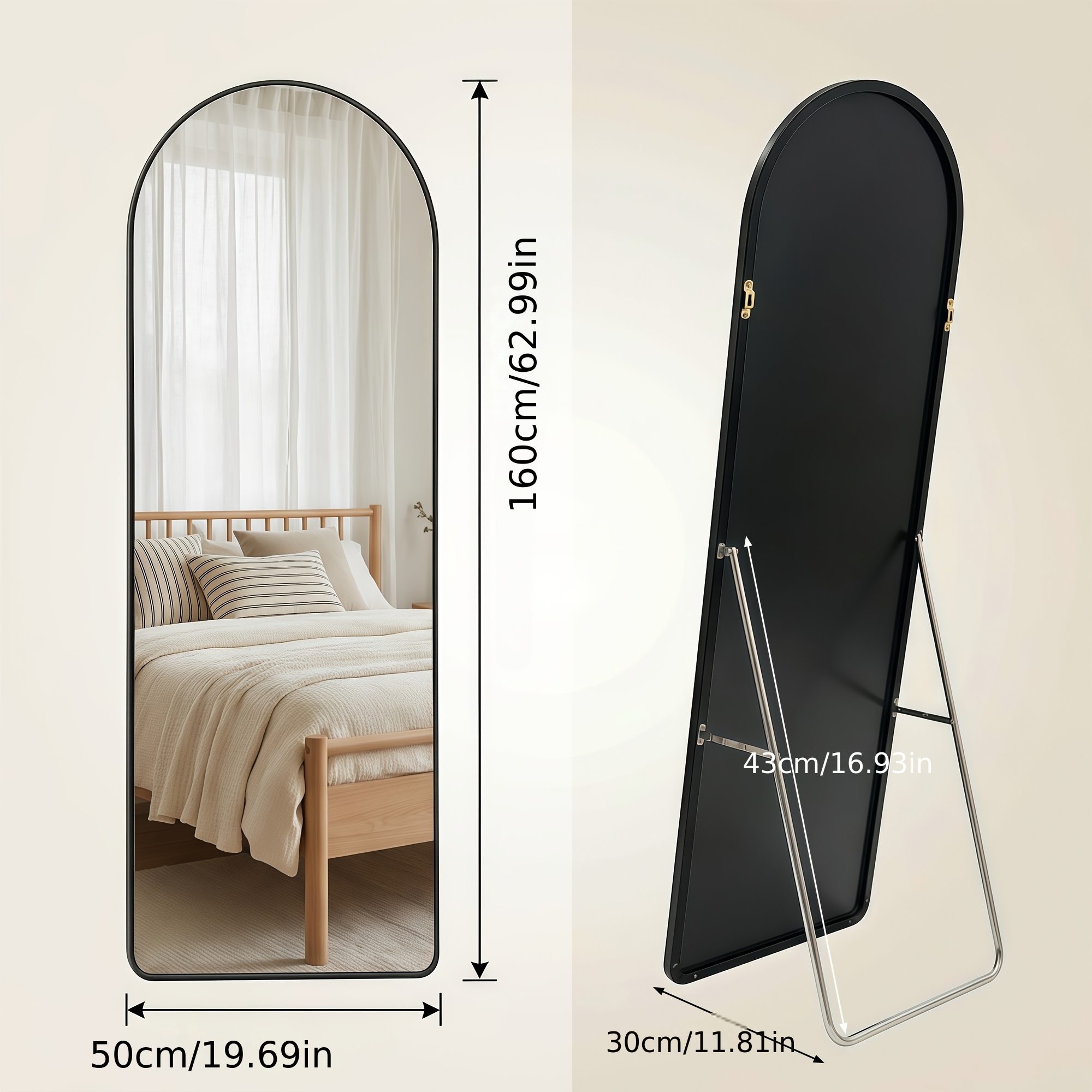 Full-size Wall-mounted Full-length Mirror, 145cm-170cm, 1.7cm Wide And 0.8cm Thick, With A Unique And Black . Suitable For Living Rooms, Bedrooms, , And Bathrooms.