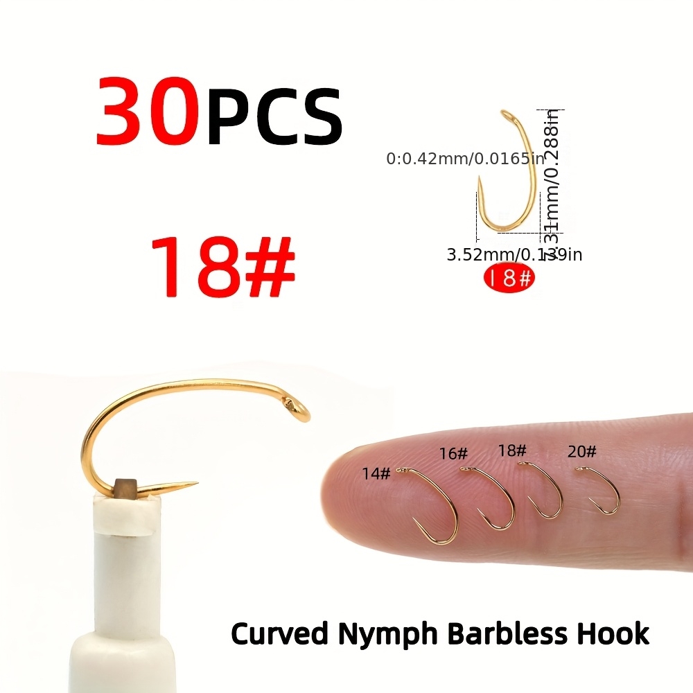 TEMU 30pcs Of Size 20 To 14 Curved Barbless Fly Tying Hooks With A Down Eye, Made Of Fine Wire, Ideal For , Scuds, And Flies