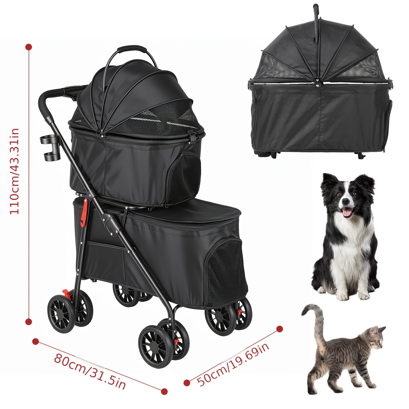 Image of 3-in-1 Pet Stroller, Lightweight Black Foldable Top And Bottom Detachable Stroller, Dog Travel Carrier, Suitable For Cats And Dogs, Double-layer Pet Stroller, One-button Folding, Detachable Bag.