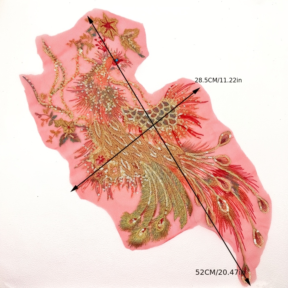 Large Golden Thread Embroidered Phoenix & Peacock Fabric Applique Patch