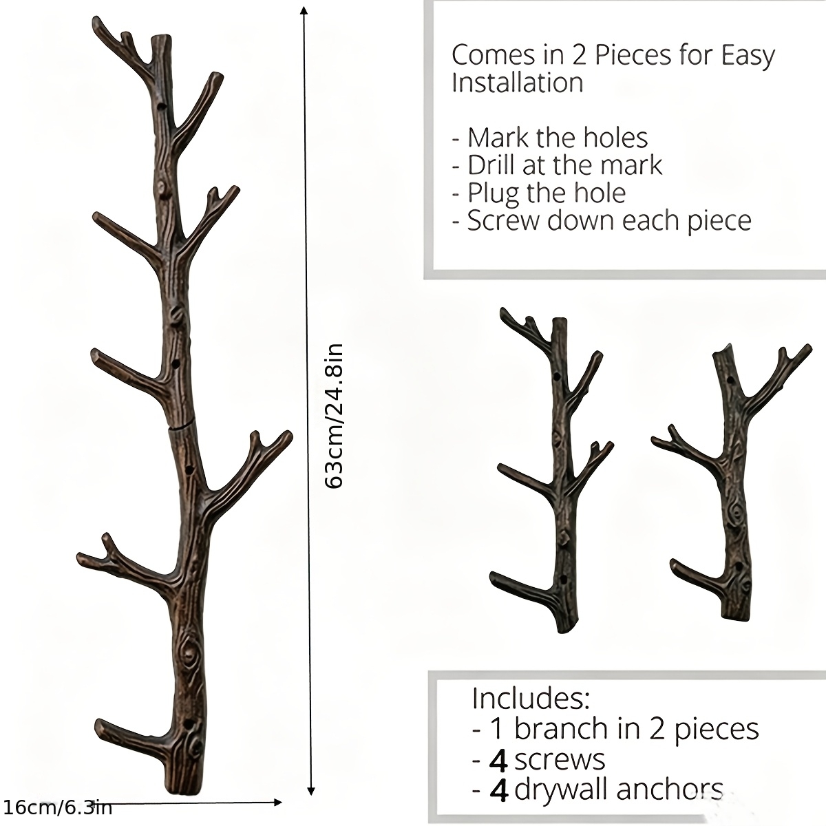 TEMU 25-inch Cast Iron Branch-shaped Wall-mounted Coat Rack With 8pcs Upright Hooks, For Hats, Coats, Bags And More; , Dog Leash Hanger, Decorative