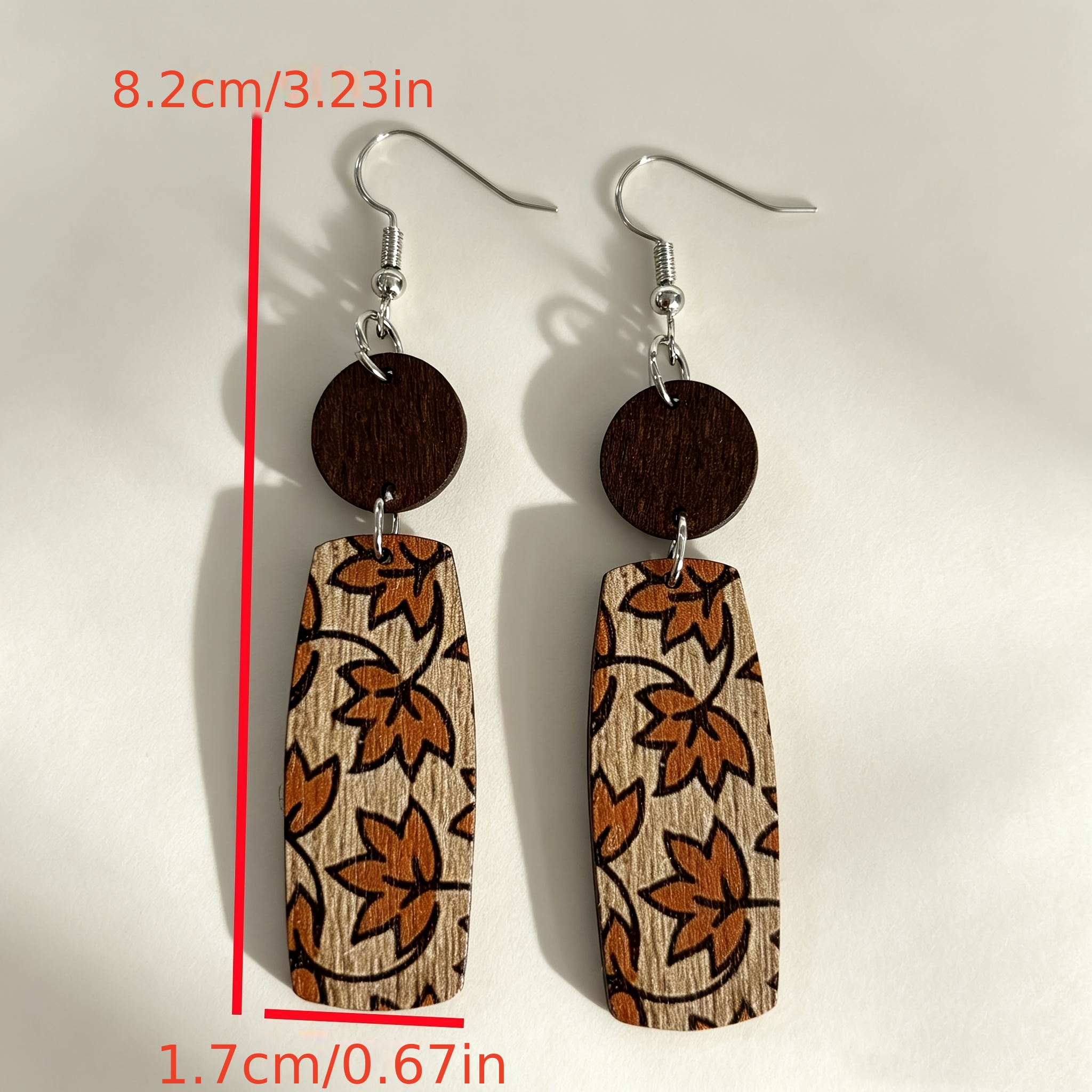 Retro Wooden Printed Maple Leaf Pendant Earrings