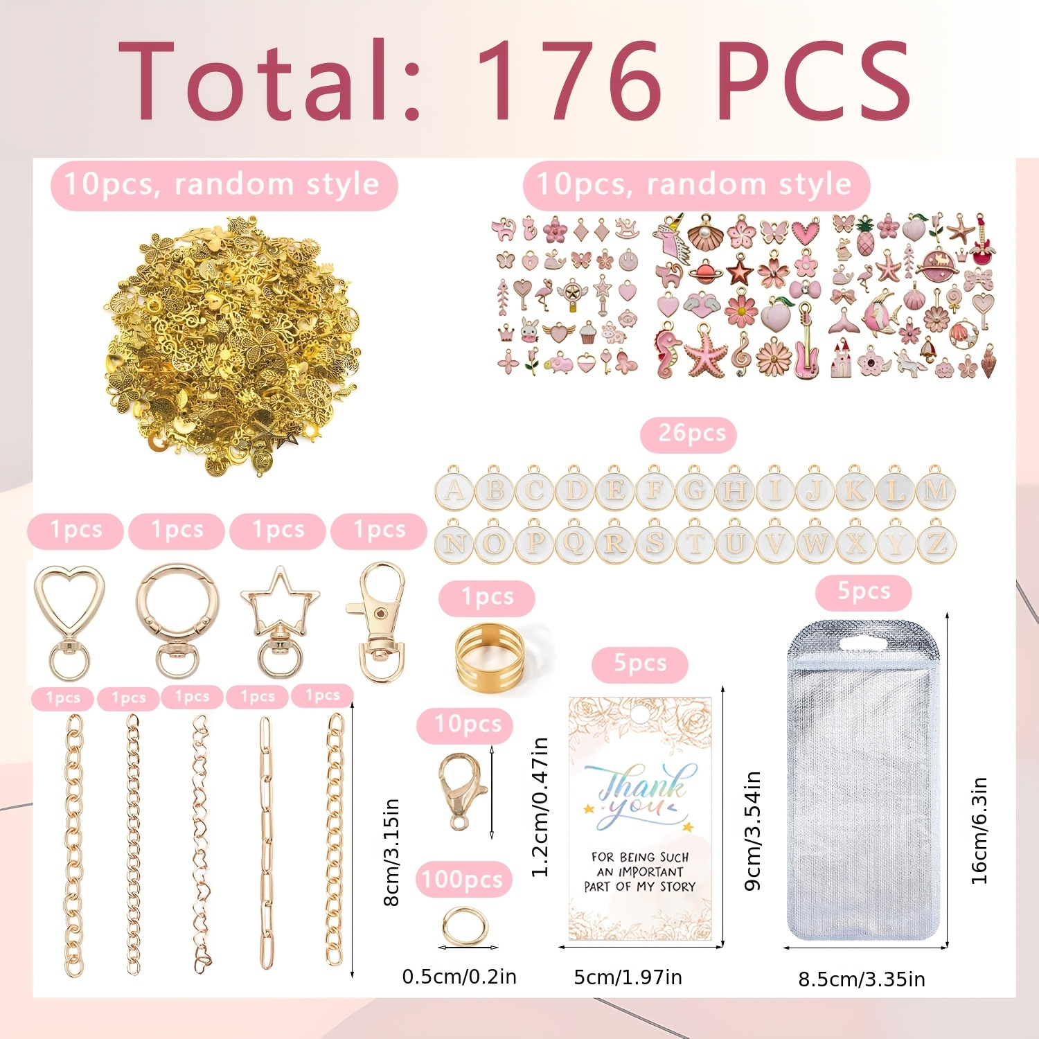 TEMU 176pcs Love Circular Ring Keychain Set - Includes Chain, Cardstock, Bag, Random Style Pendant, Diy Keyring, Key Chain, Suitable For Back-to-,