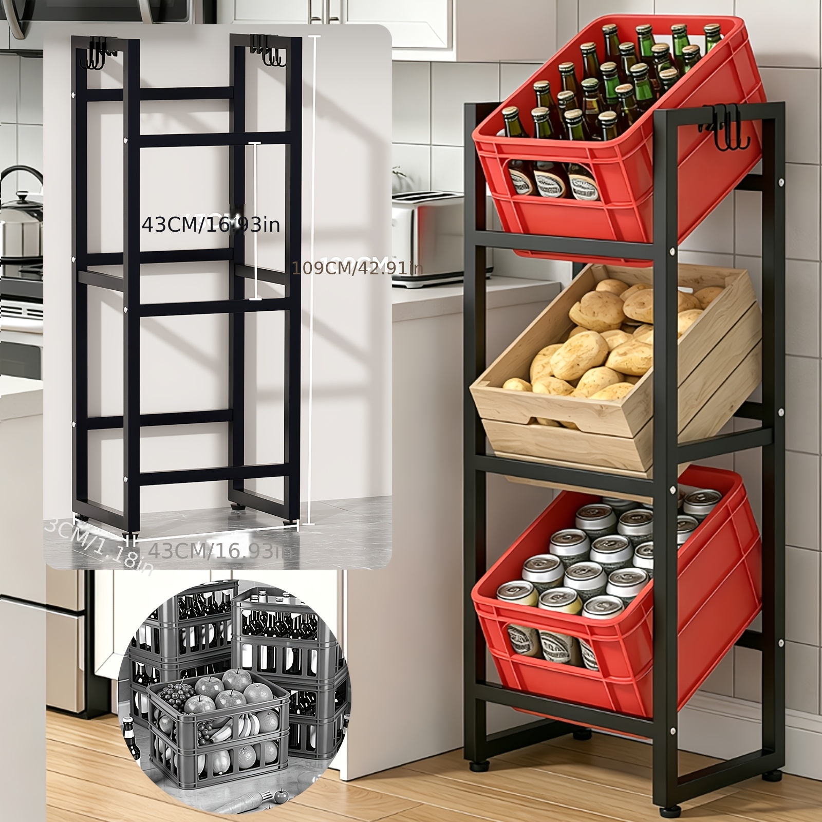 1pc -2-layer/3-layer Metal Storage Rack - Beverage Box Rack, Space , With Hooks, Metal And /tilt Angle Design, Perfect For Kitchen Tables And Cabinets, Kitchen Shelves, Utility Racks