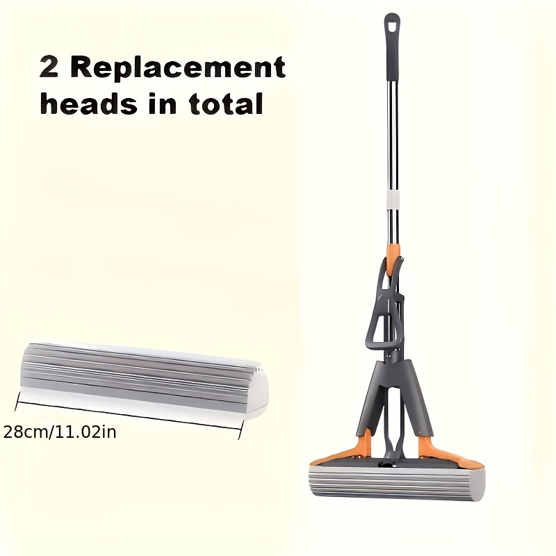 TEMU Super Strong Absorbent Sponge Mop, Comes With 2pcs Replacement Heads, Dual-fold Squeezable Mop, 11-inch/13-inch Wide, No Hand Washing Needed,