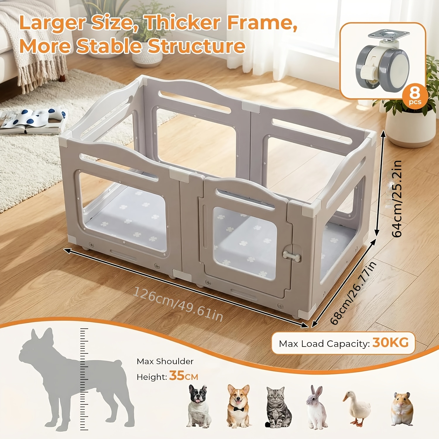 TEMU Acrylic Puppy Playpen 126Ã68cm, Dog Crate With Wheels And Base Plate, 64cm High Apartment Pet Enclosure, Indoor Breeding Box With Mat, Suitable