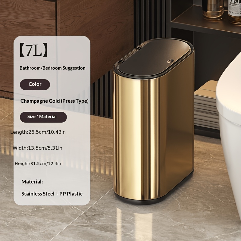 TEMU 7l/1.85 Gallon Press Type Bathroom Trash Can, Odorless, Pet Proof, Compact And Durable Small Trash Can, Made Of Stainless Steel Material,