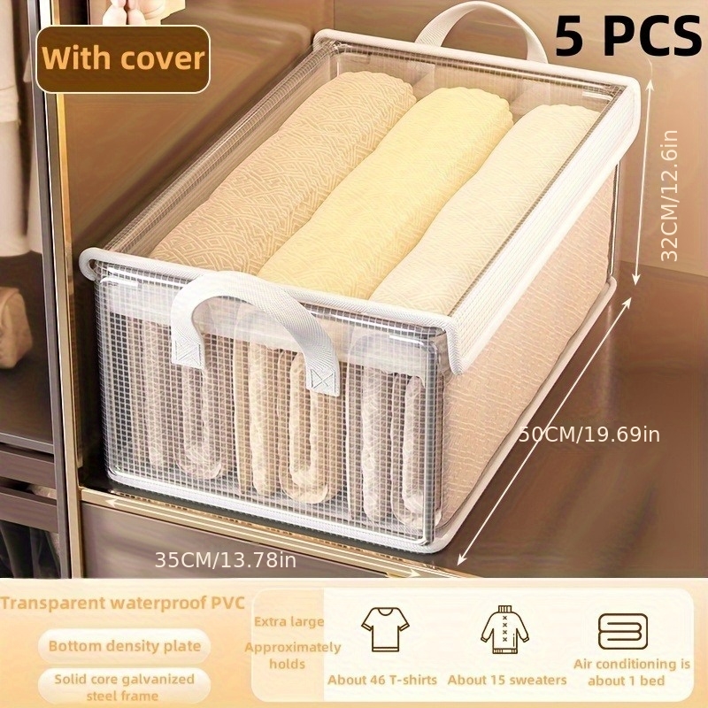 Image of 5pcs Large Capacity Pvc Clothing Storage Box With Lid, Dustproof Storage Box For Family Dormitory, Foldable Wardrobe, Clothing And Pants Storage Box, Classification Box, Under-bed Storage