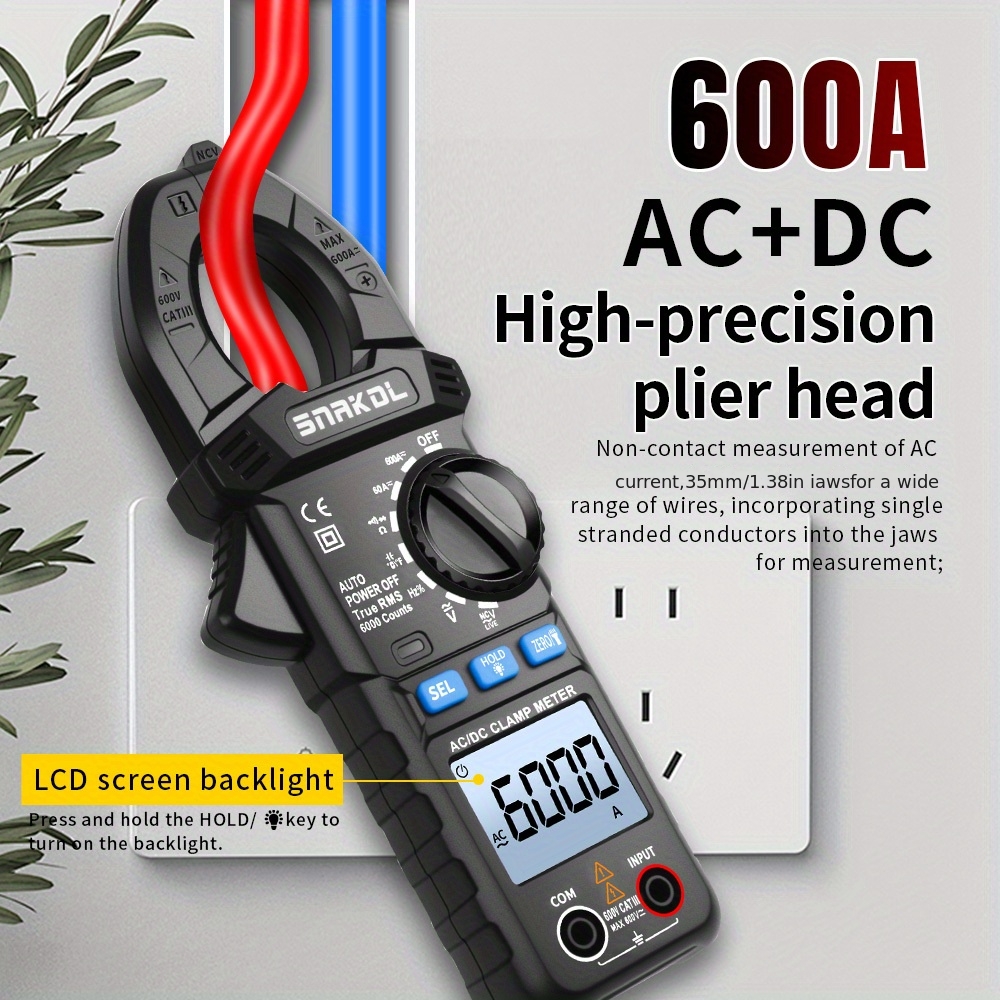 SNAKOL SK-203 True RMS Current Clamp Meter 600A AC/DC, Digital Clamp Ammeter Multimeter with Fast Response, Overload Protection, for Electrical Panels, Industrial, Construction - Professional Electrical Testing Tool, Circuit Diagnostics, Compact Design, Professionalgrade Device, Voltage Detector, Industrial Technicians