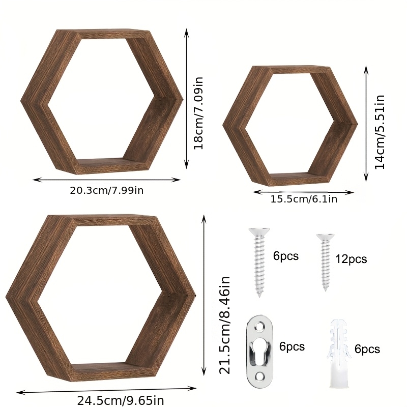 TEMU 3pcs Hexagonal Floating Wall Shelf Set, In Small, Medium, And Large Sizes, Wall-mounted Wooden Hexagonal Storage Shelves, Suitable For Bathroom,