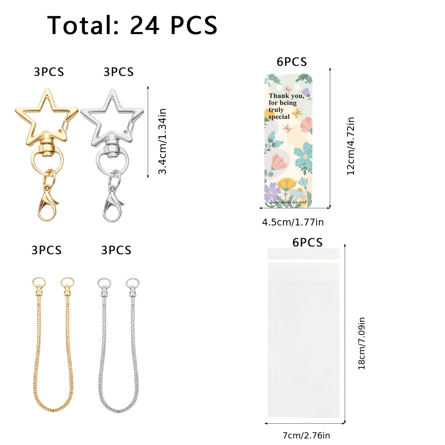 TEMU 24pcs Star Keychains Accessories - Lobster Clasp, Snake Bone Chain, Card Holder, Packaging Bag. Suitable For Diy Thanksgiving, Season, Teacher's