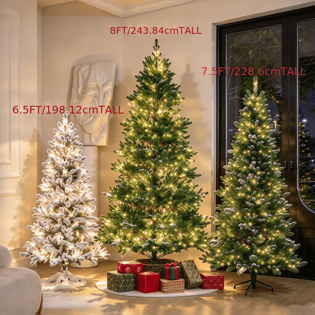 TEMU 6ft Snow Flocked Pvc Christmas Tree/7ft Pe+pvc Xmas Tree, 450 Lights With Warm White & Color , Foldable Base, Realistic Hinged Branches, ,
